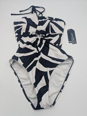 Nautica Sz M Navy Blue White print tummy toner one piece swim suit Bathing Suit